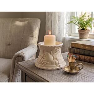 Vintage Hallmark Cream Ceramic Pillar Candle Holder | Embossed Fruit & Vine